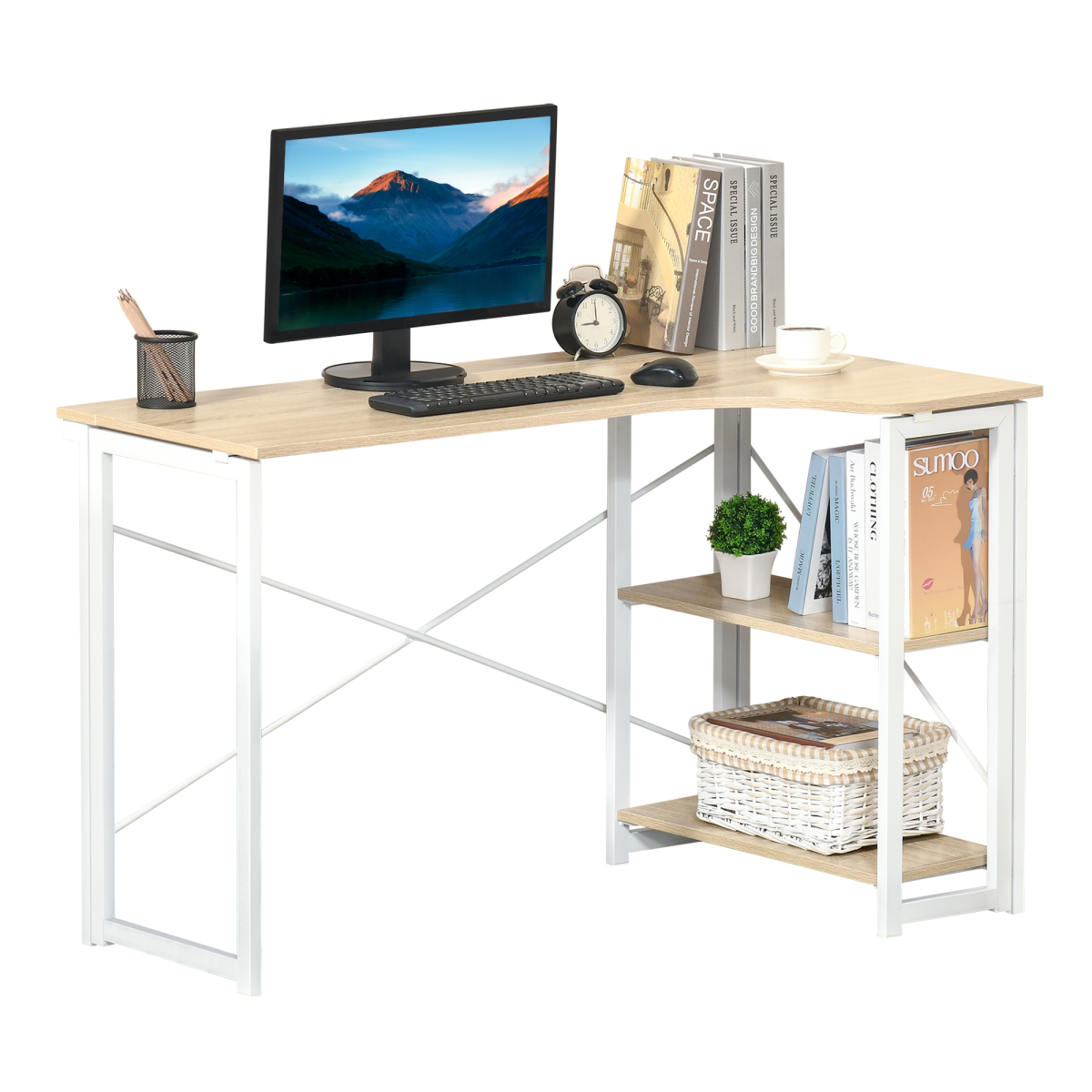 L-Shape Folding Computer Desk Study Workstation with 2 Shelves Oak Tone