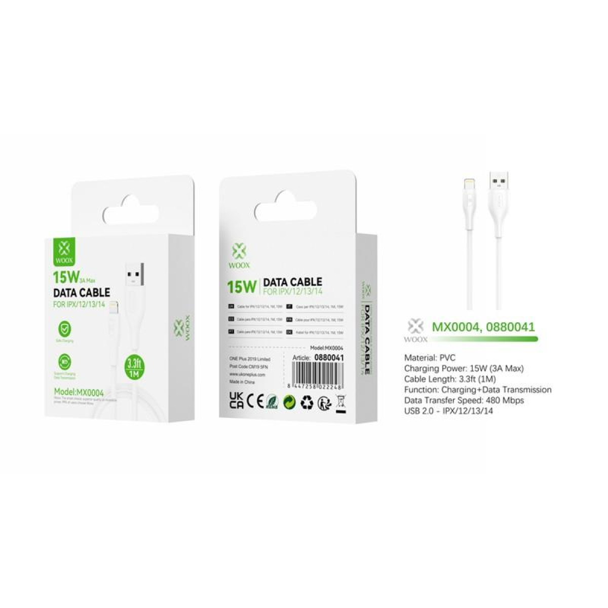 Woox MX0004 USB to Lightning PVC Data Cable, 15W, 3.3ft 1m, White