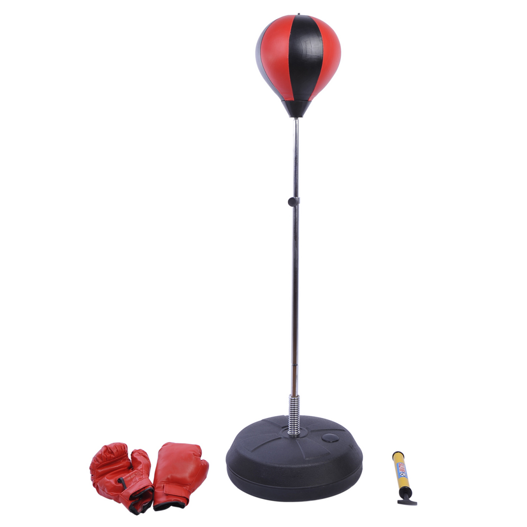 Kids boxing punching ball set with adjustable height and gloves for training, featuring a colorful design and sturdy base.