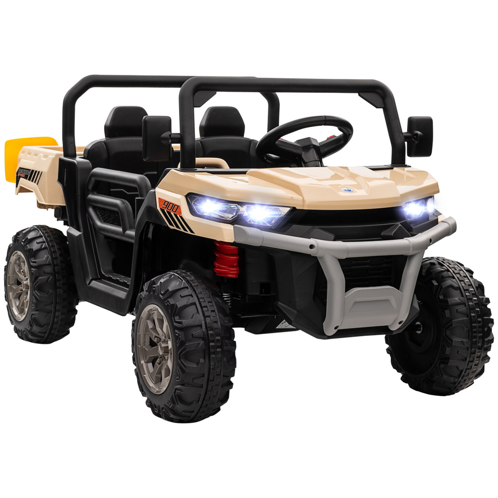 Yellow two-seater kids ride on truck by FunZone, featuring an electric bucket and parental remote control for safety.