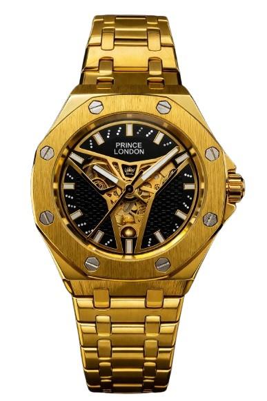 NYL Mens Automatic Metal Hollow Mechanical Octagon Screw Decoration Dial Analogue Gold/Black Metal Bracelet Watch NY London
