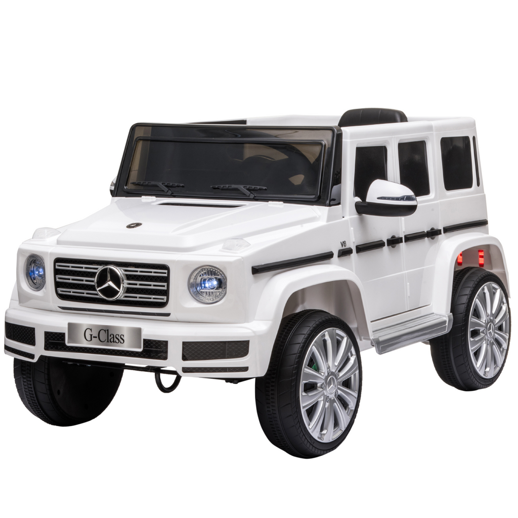 White Mercedes Benz G500 12V electric ride-on car for kids ages 3-8, featuring remote control and realistic design.