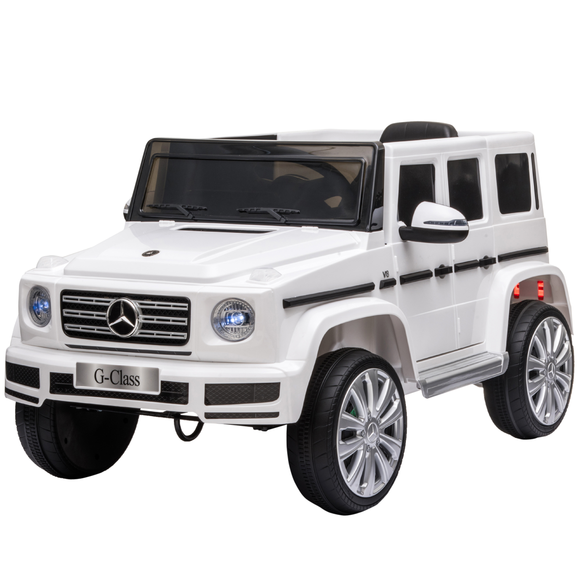 White Mercedes Benz G500 12V electric ride-on car for kids ages 3-8, featuring remote control and realistic design.