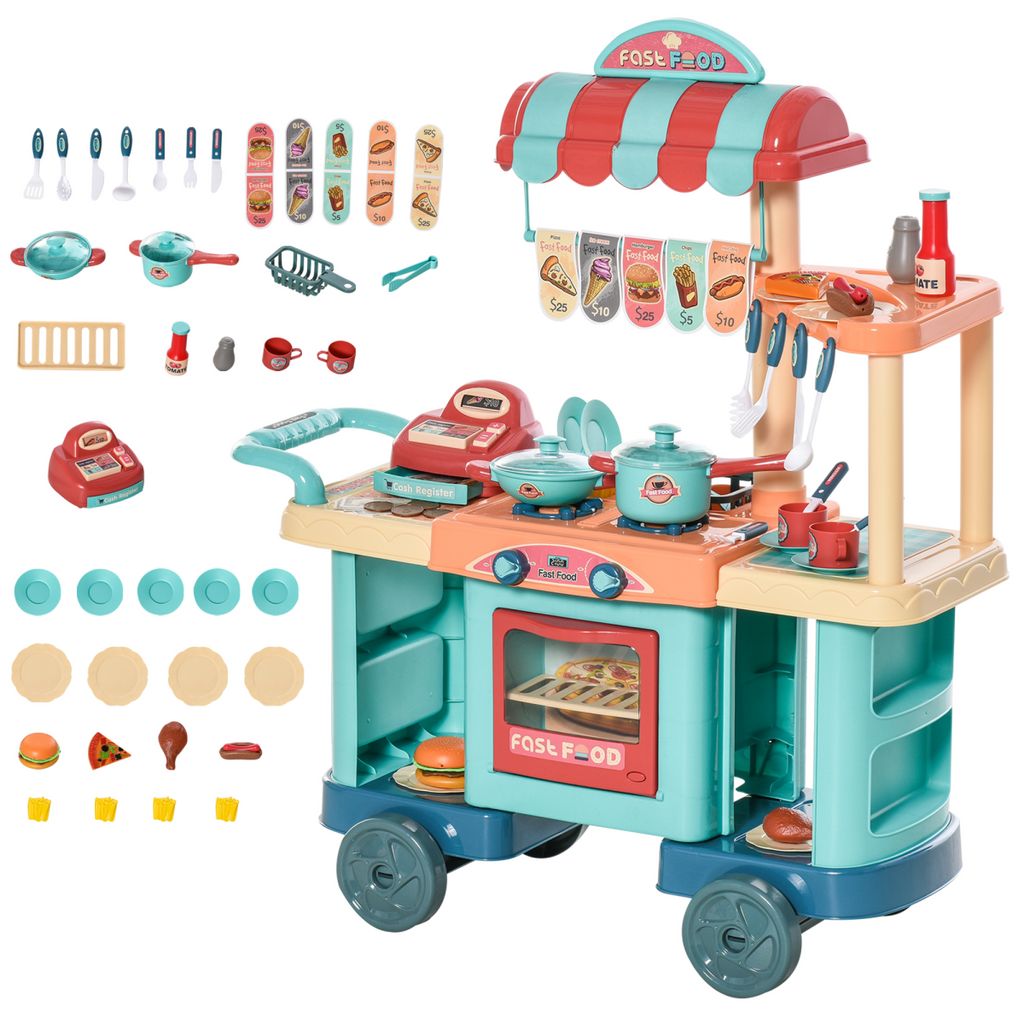 Kids kitchen play set with 50 pieces, including a pretend trolley cart, by HOMCOM for ages 3-6 years.