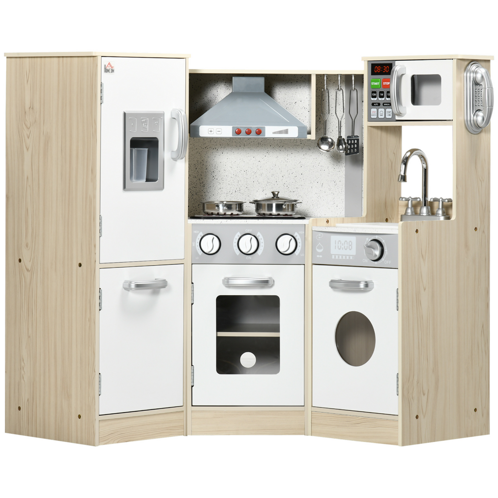 Colorful HOMCOM Corner Kids Kitchen set featuring a microwave, oven, range hood, phone, and interactive sound and light.