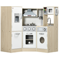 Colorful HOMCOM Corner Kids Kitchen set featuring a microwave, oven, range hood, phone, and interactive sound and light.