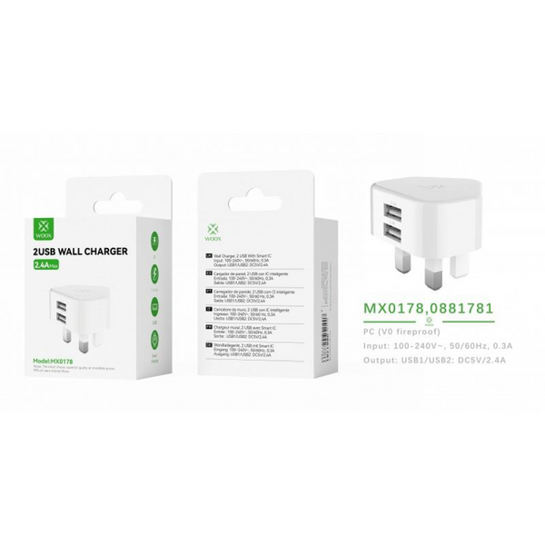 Woox MX0178 UK Dual USB 2.4A Wall Charger, White