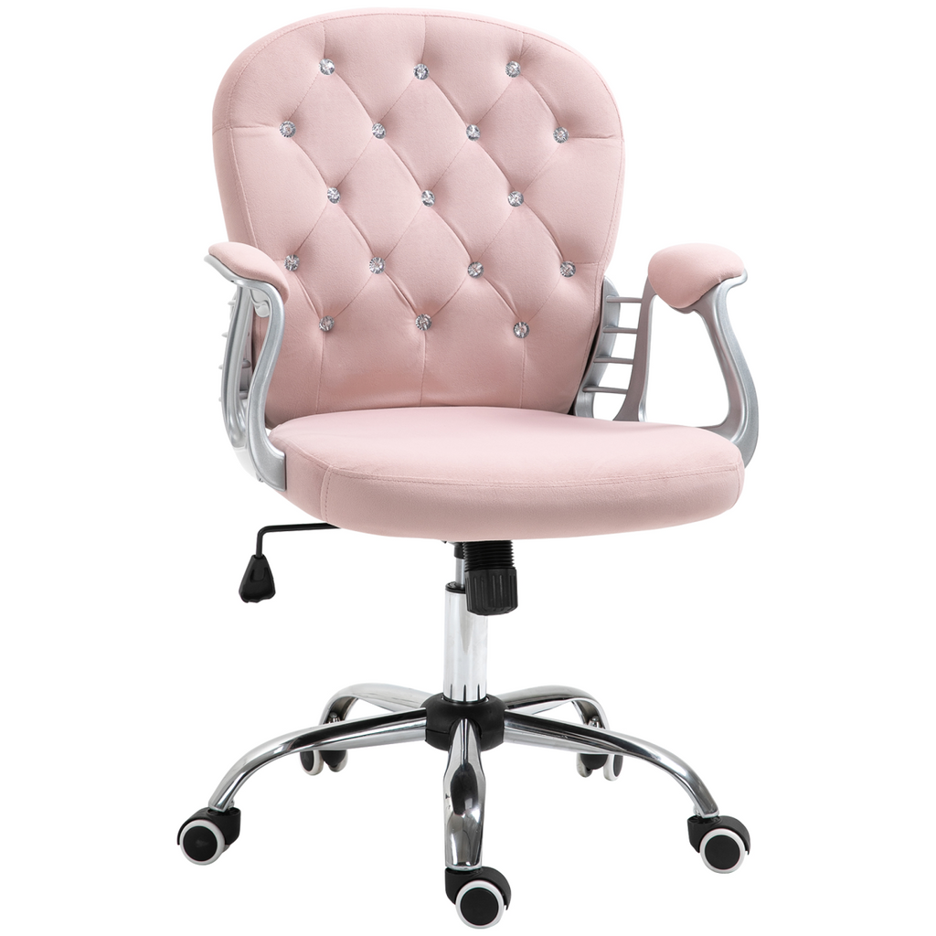 Luxury pink velour ergonomic office chair with diamond tufting and 360° swivel feature from HomeCraft.