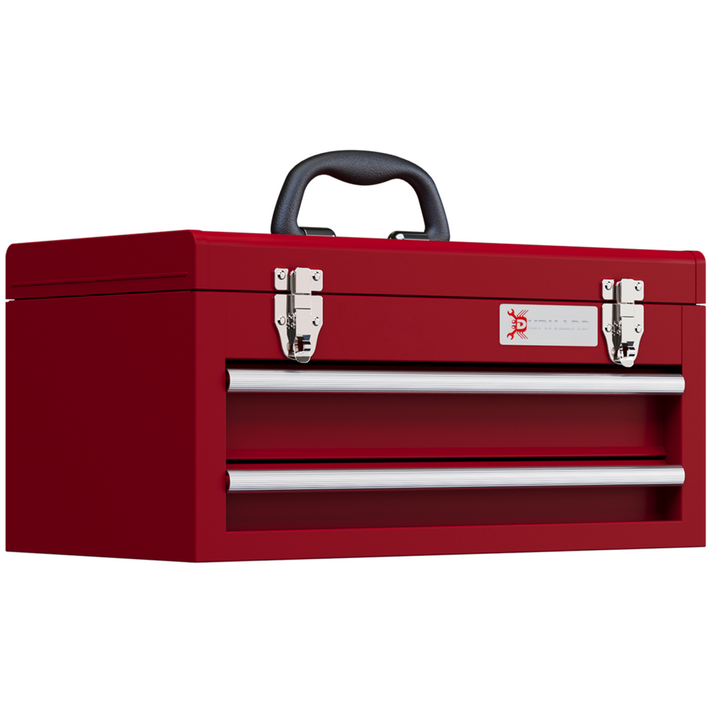 DURHAND red lockable 2 drawer tool chest with ball bearing slide drawers, showcasing a sturdy and functional design.