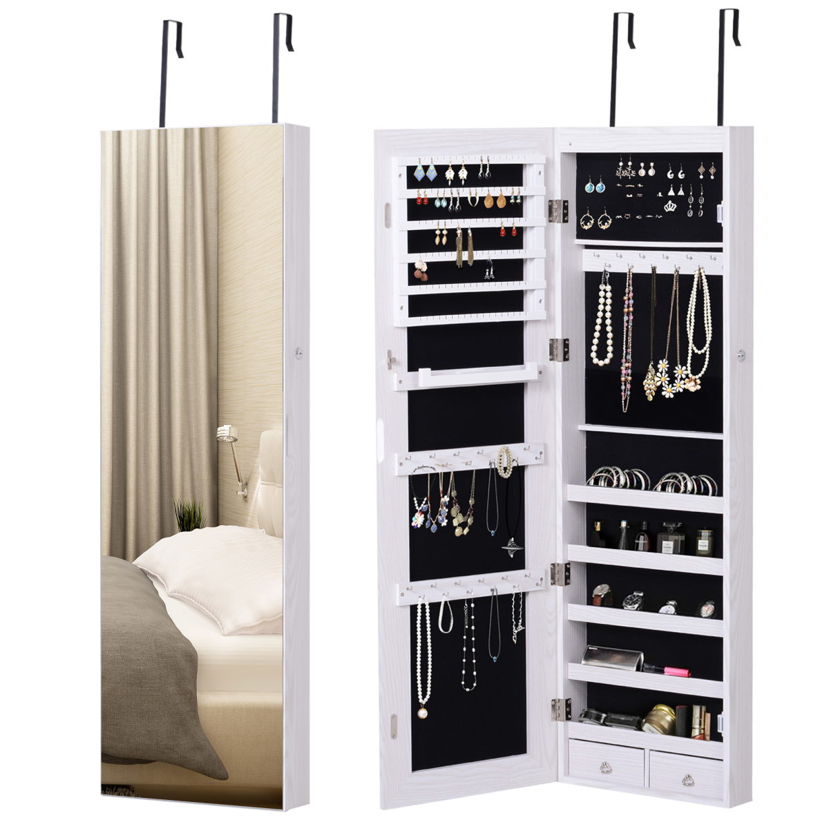 Hanging Mirrored Jewel Storage Cabinet Organiser Lockable w/6 LED White