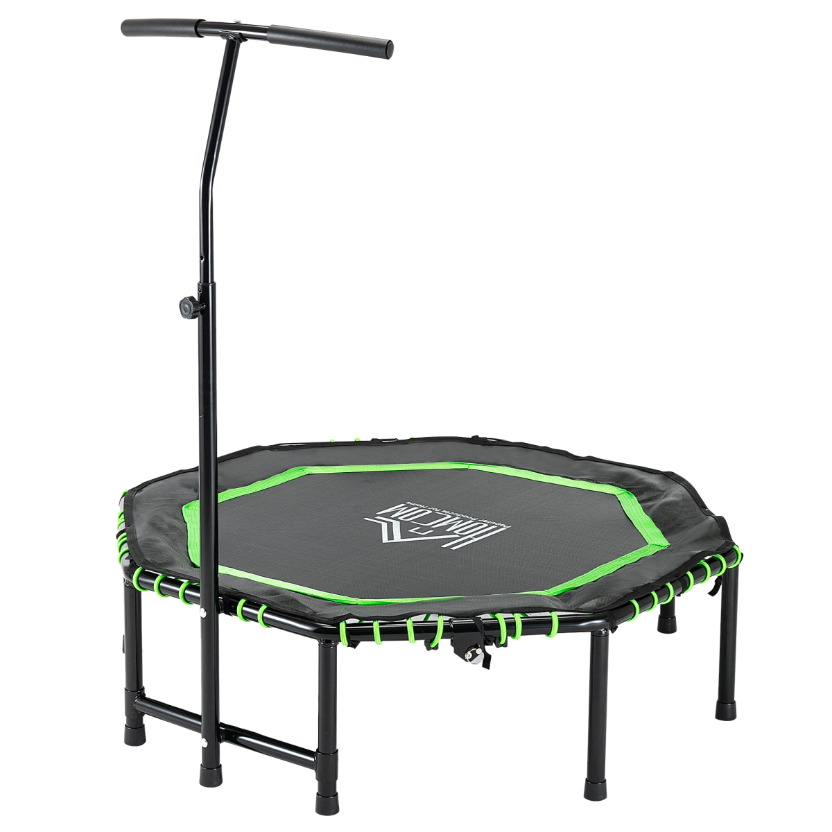 Green foldable trampoline with adjustable handle for adults and teens by HOMCOM, featuring a sturdy frame and jumping surface.