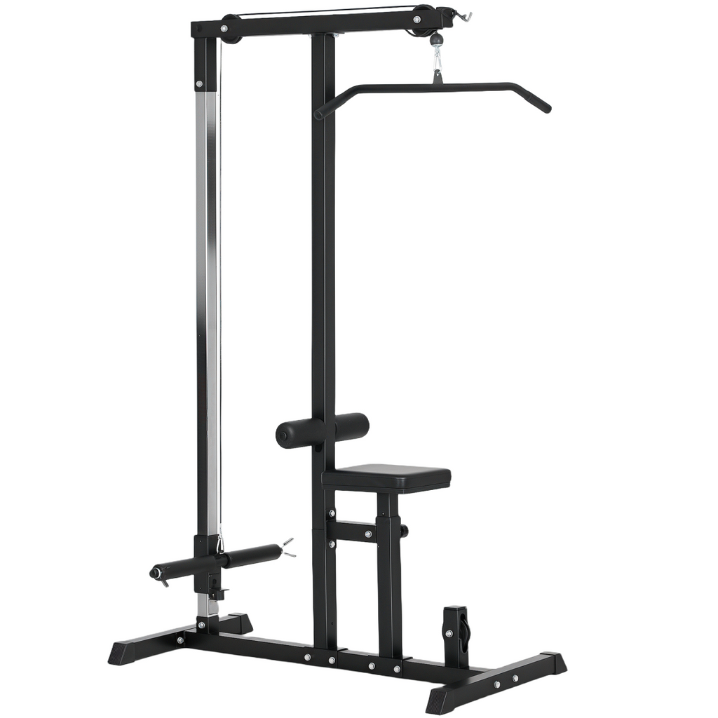 Exercise pulldown machine power tower with adjustable seat and cables, featuring a sturdy frame and ergonomic design.