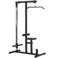 Exercise pulldown machine power tower with adjustable seat and cables, featuring a sturdy frame and ergonomic design.