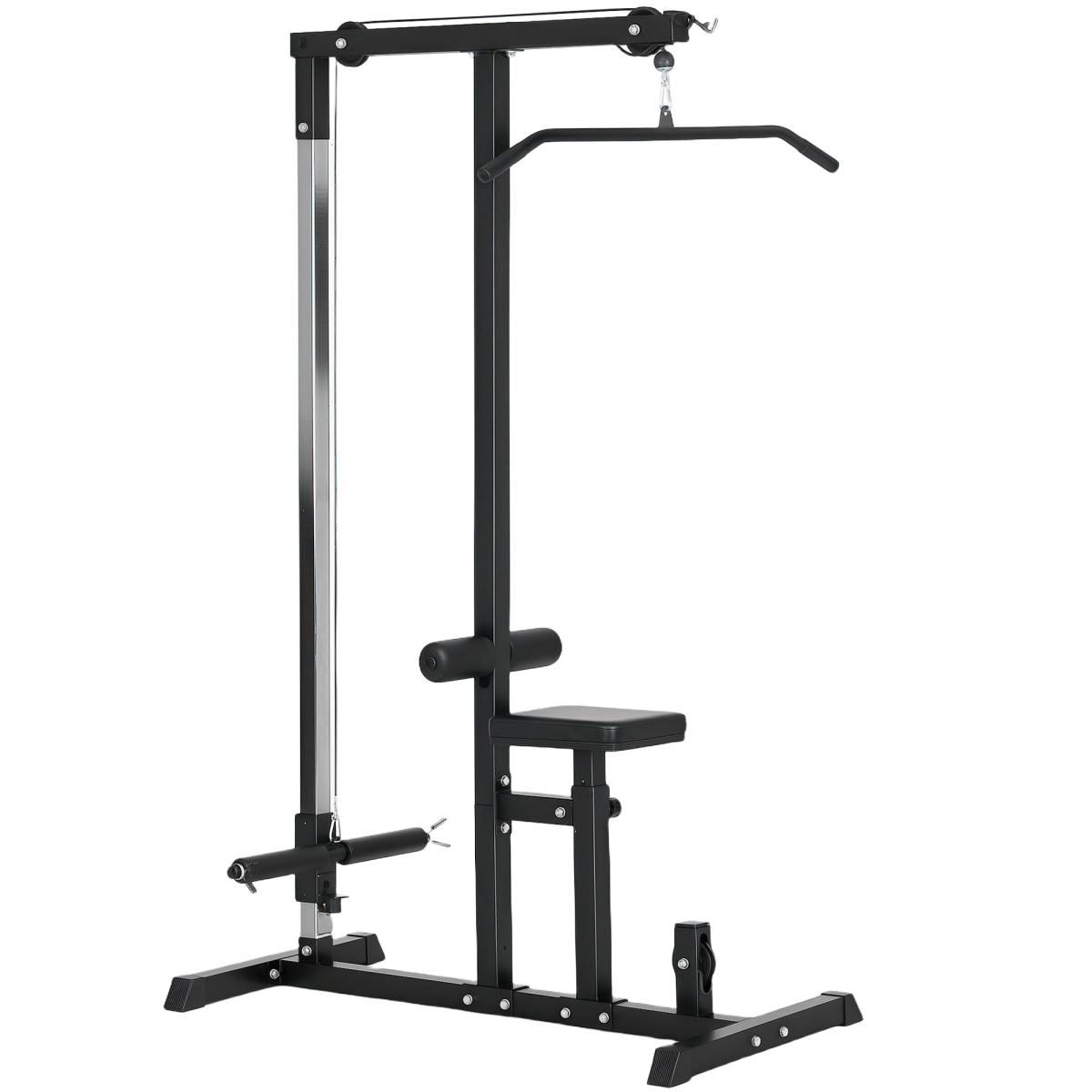 Exercise pulldown machine power tower with adjustable seat and cables, featuring a sturdy frame and ergonomic design.