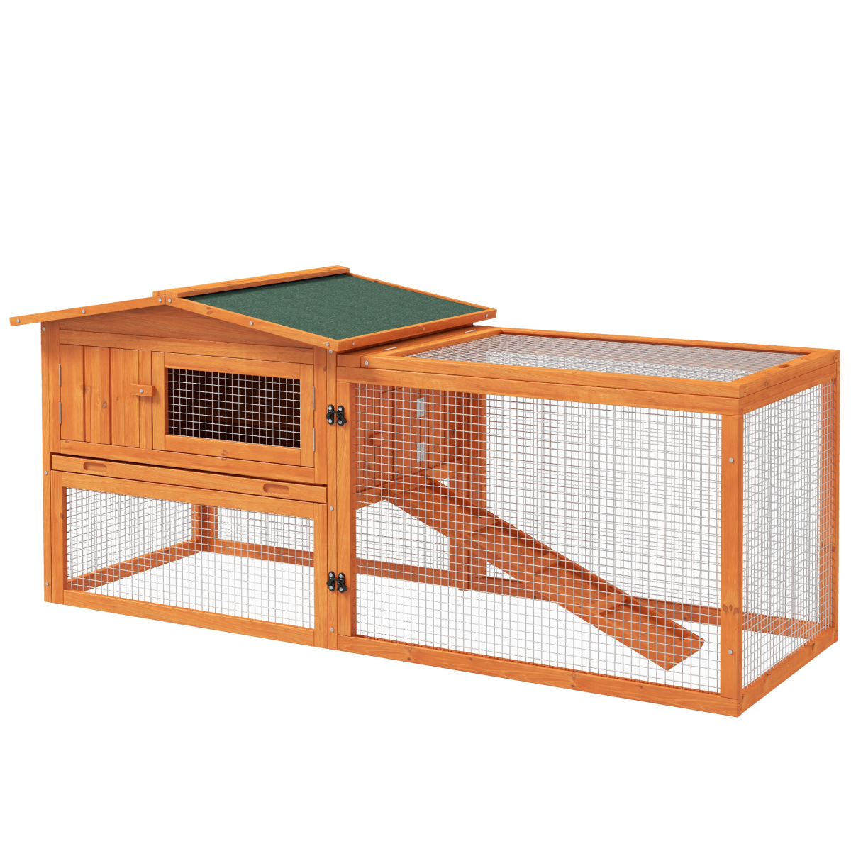 Rabbit Hutch and Run Outdoor Sliding Tray Hay Rack Ramp, 156x58x68 cm Pawhut