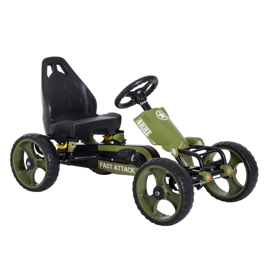 Green FunZone pedal go-kart with hand brake and adjustable seat, designed for children ages 3-6 in a racing style.