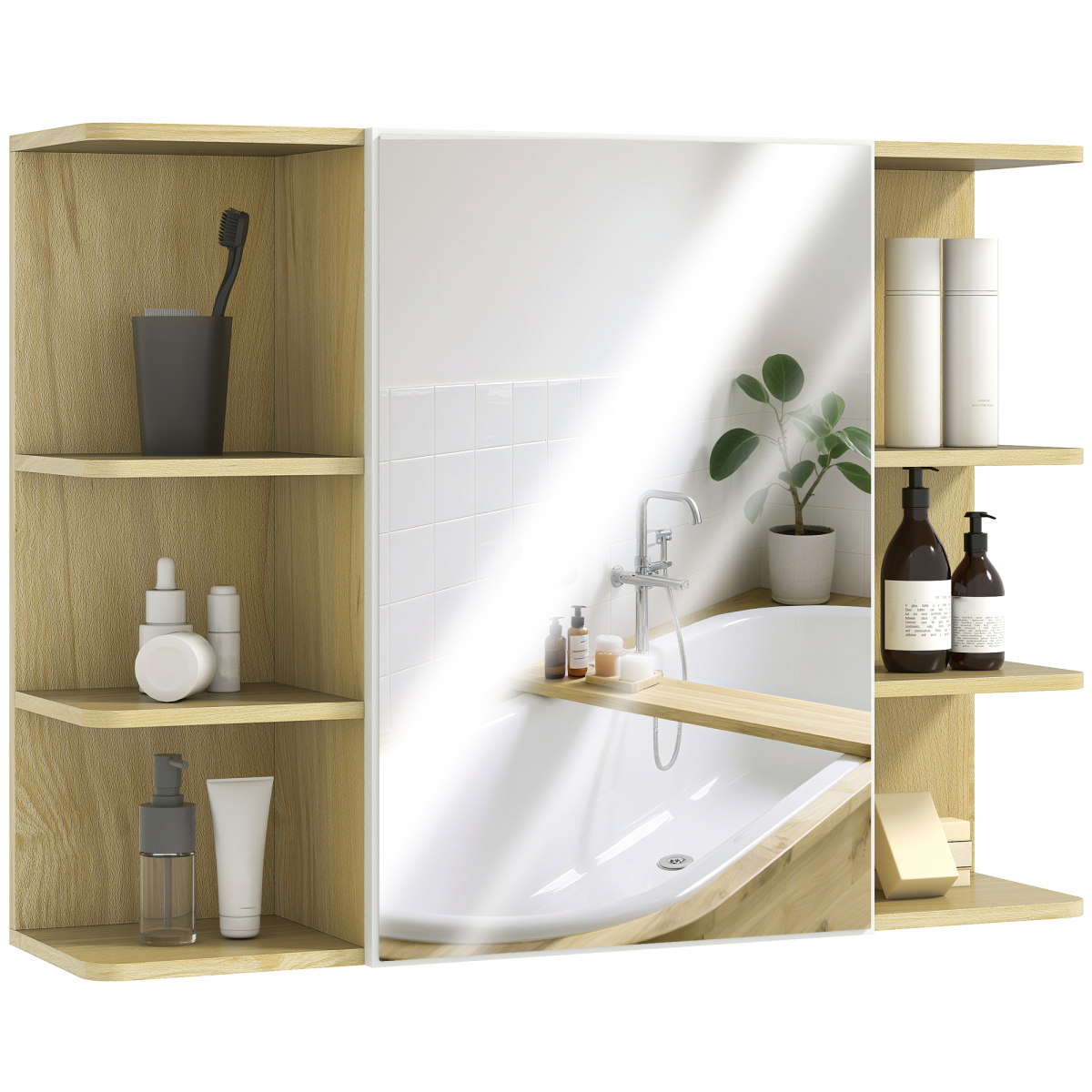 Bathroom Wall Cabinet with Mirror & Open Storage Shelves - Natural Wood Finish
