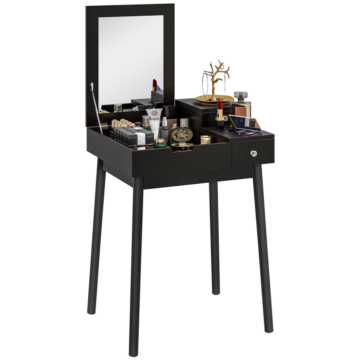 Black Dressing Table with Flip-Up Mirror & 2 Drawers - Space-Saving Vanity
