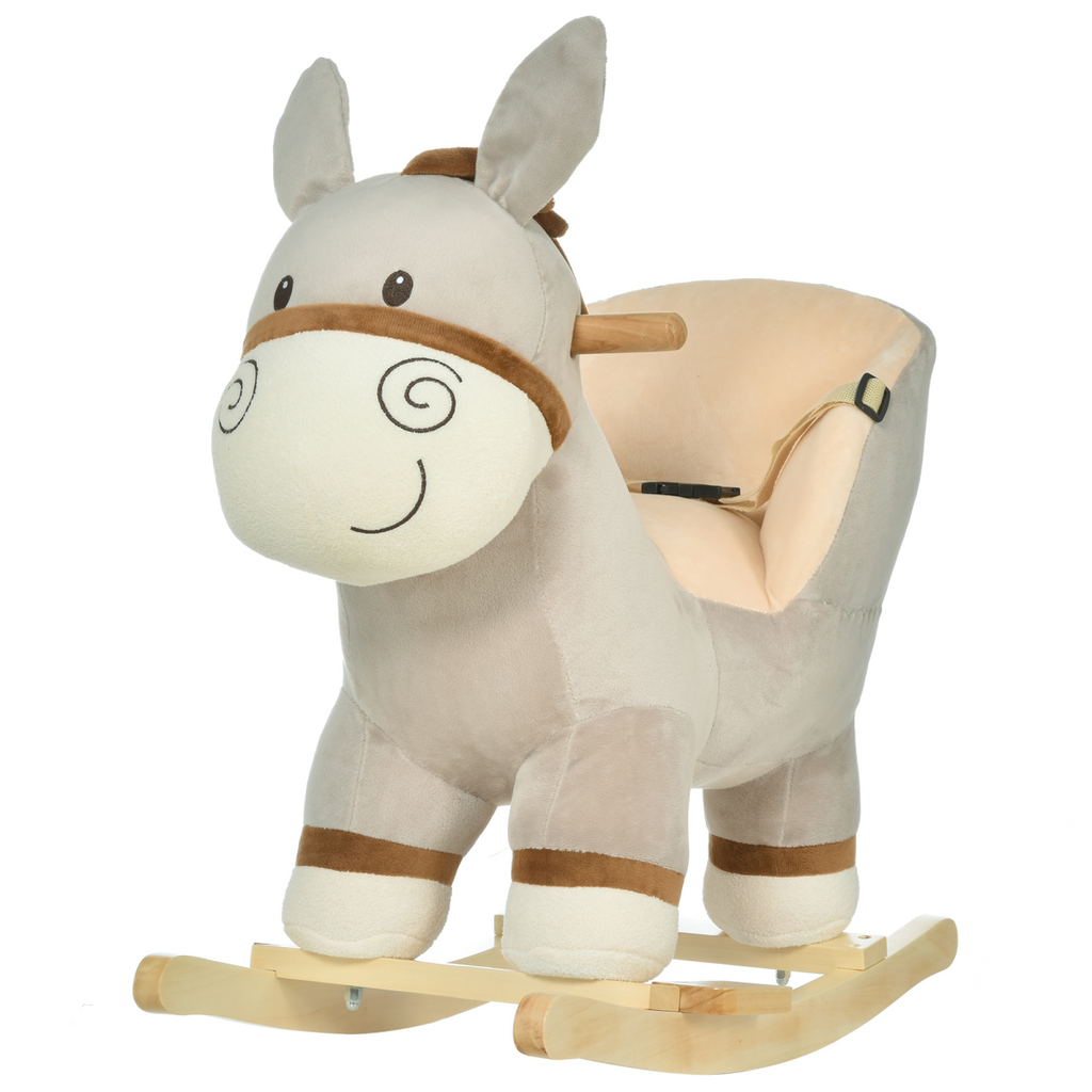 Kids rocking donkey plush ride-on toy with sound button and seat belt, designed for ages 18-36 months.