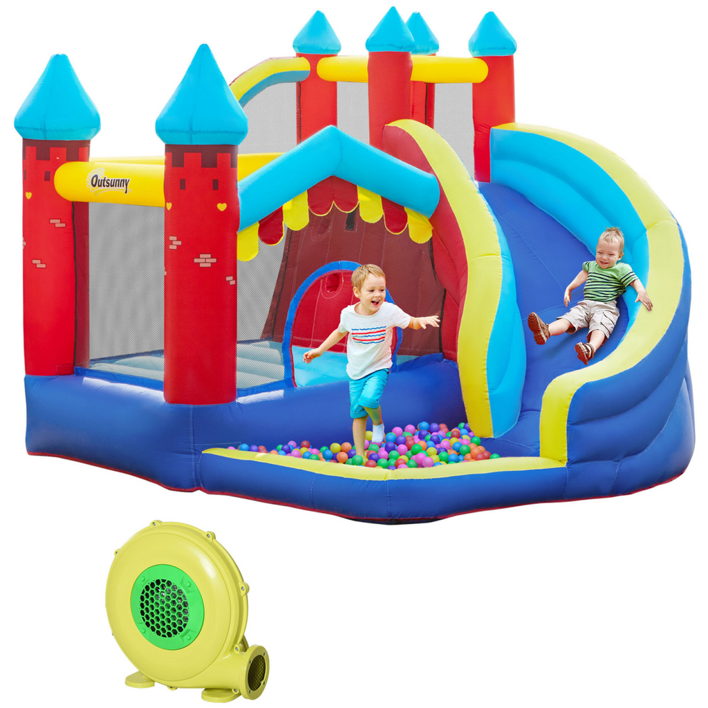 Kids bouncy castle by FunZone featuring a slide, pool, and climbing wall with an attached blower for outdoor fun.