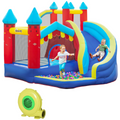 Kids bouncy castle by FunZone featuring a slide, pool, and climbing wall with an attached blower for outdoor fun.