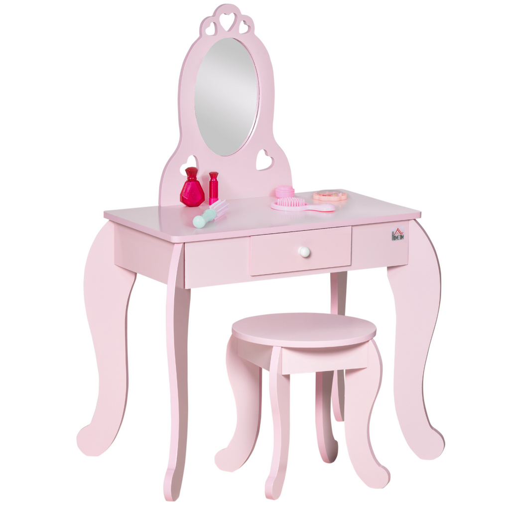 Kids Vanity Table & Stool Girls Dressing Set Make Up Desk with Mirror HOMCOM