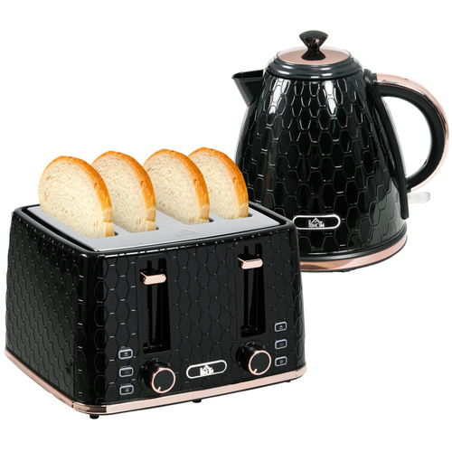 HOMCOM black kettle and 4-slice toaster set with 7 browning levels on a kitchen countertop.