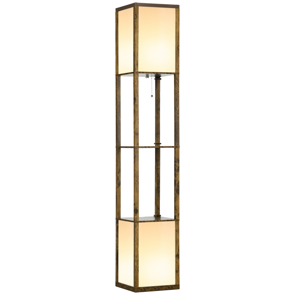 HOMCOM Shelf Floor Lamp with dual lights and two display shelves in brown, showcasing a stylish home decor piece.