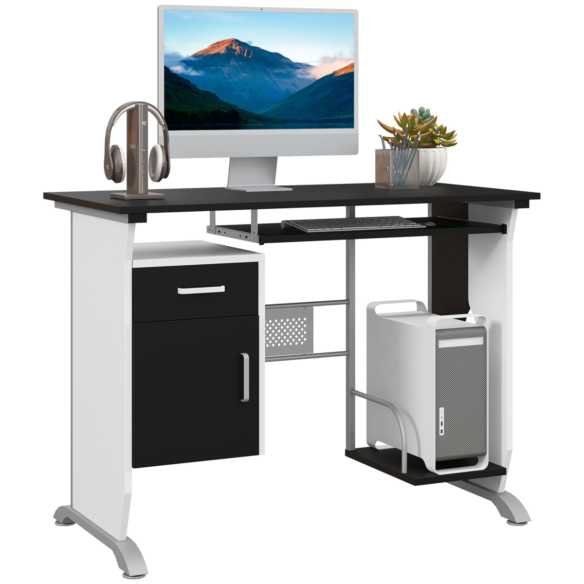 Black wooden Computer Desk with keyboard shelf and drawers from HomeCraft, perfect for a home workstation setup.