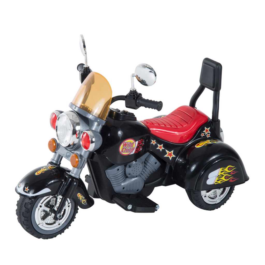 Black 6V Electric Motorbike for Kids, 3-wheel design with lights and sound, suitable for ages 3-6, FunZone brand.