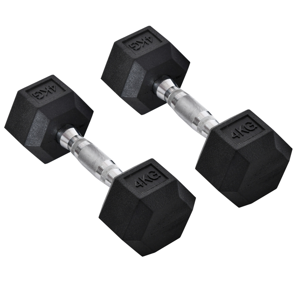 Hexagonal dumbbells 2x4kg for weight lifting and home fitness, showcasing the ergonomic design from ActiveGear.