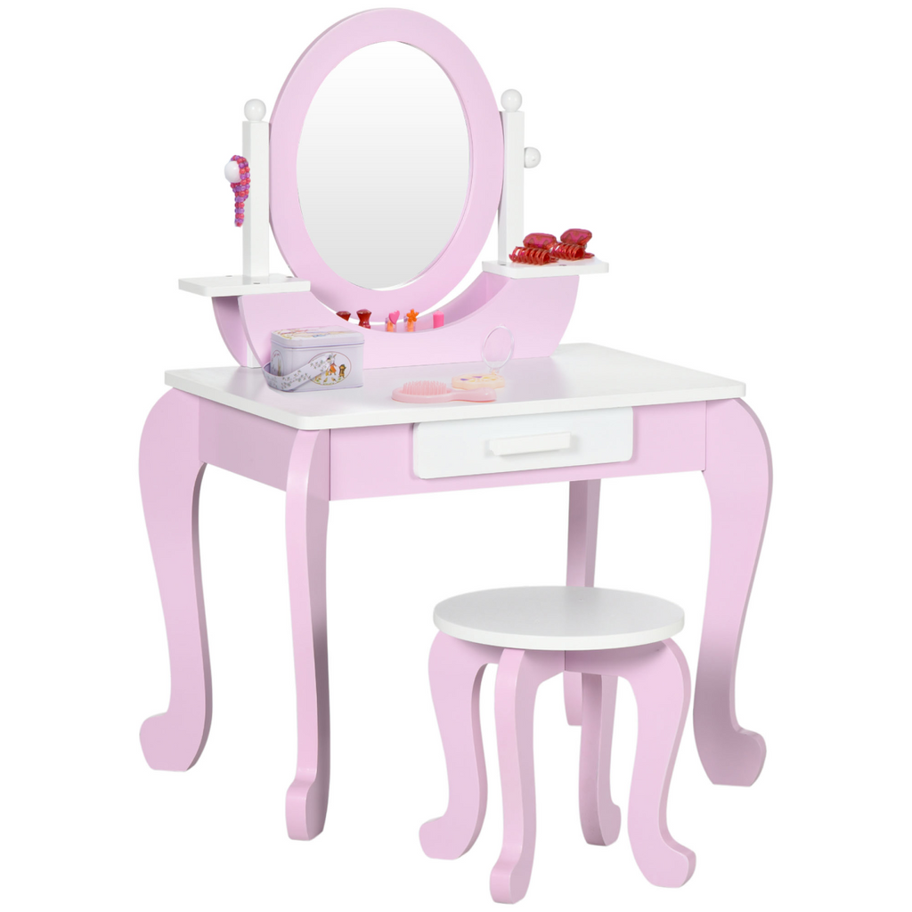 Pink Kids Dressing Table with Mirror and Stool, featuring a drawer, designed for ages 3-6 by ZONEKIZ.