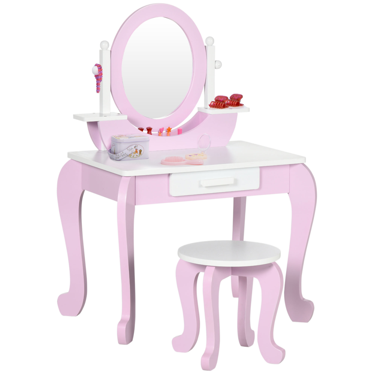 Kids Dressing Table with Mirror and Stool with Drawer for 3-6 Years Old, Pink