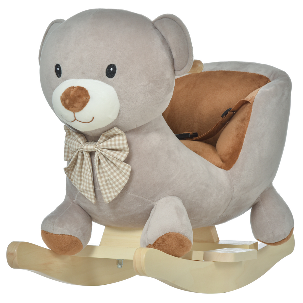 Kids rocking bear plush ride-on toy with sound button and seat belt for ages 18-36 months by FunZone.