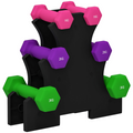 Hex dumbbells set in pink, purple, and green with rack, featuring 2x1kg, 2x2kg, and 2x3kg weights by SPORTNOW.