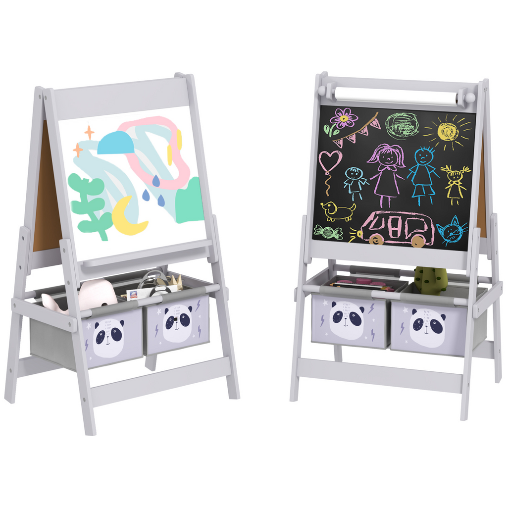 AIYAPLAY Kids Easel with paper roll, blackboard, and whiteboard in grey, featuring storage for art supplies.