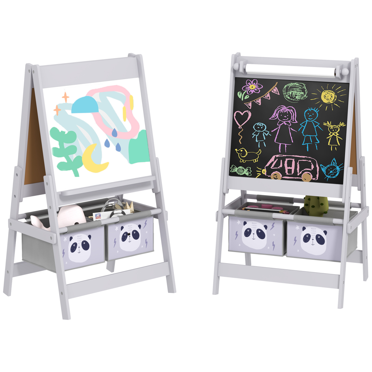 AIYAPLAY Kids Easel with paper roll, blackboard, and whiteboard in grey, featuring storage for art supplies.