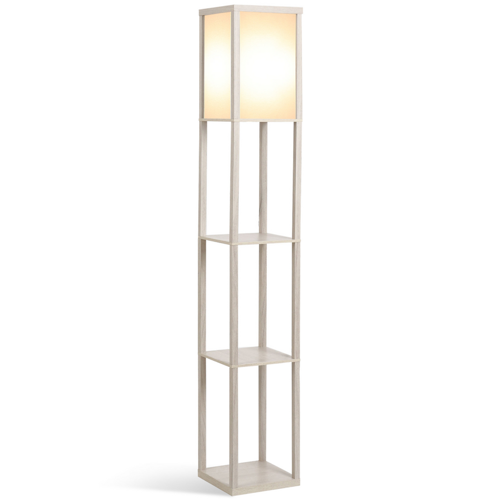HOMCOM floor lamp with three storage shelves in white and oak, featuring an E27 bulb and foot switch.