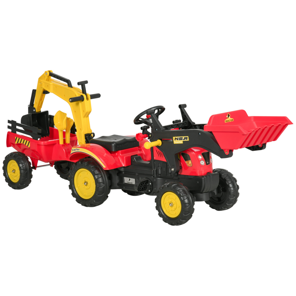 HOMCOM pedal-powered tractor ride-on car with moving bucket and steering wheel for kids aged 3-6 years.