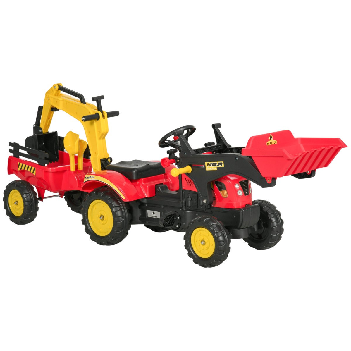 HOMCOM pedal-powered tractor ride-on car with moving bucket and steering wheel for kids aged 3-6 years.