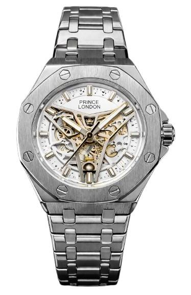 NYL Mens Automatic Metal Hollow Mechanical Octagon Screw Decoration Dial Analogue Silver/White Metal Bracelet Watch NY London