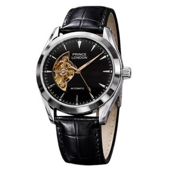 NYL Mens Fashion Automatic Leather Mechanical Round Face Dial Analogue Silver/Black Faux Leather Strap Watch NY London