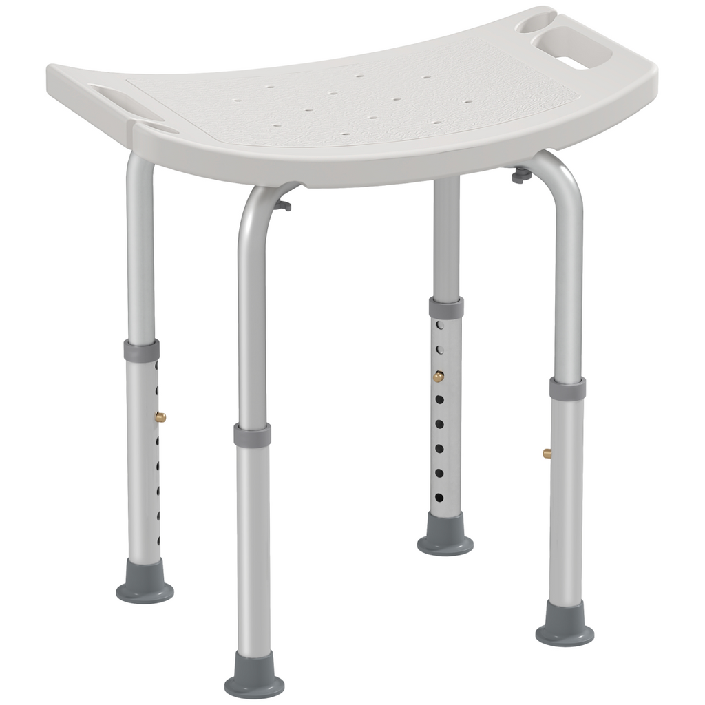 Adjustable height aluminum mobility shower stool with non-slip surface, designed for safety and comfort in the bathroom.