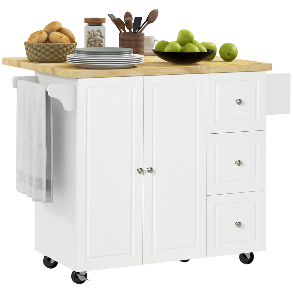 Drop-leaf kitchen island on wheels with storage cart, drawers, and cabinet from HomeCraft, featuring a stylish design.
