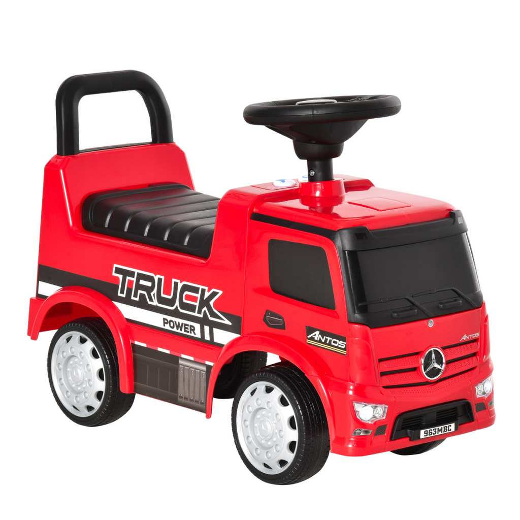 Red HOMCOM 3-in-1 Ride On Car Mercedes Truck for kids, featuring storage, ideal for ages 12-36 months.