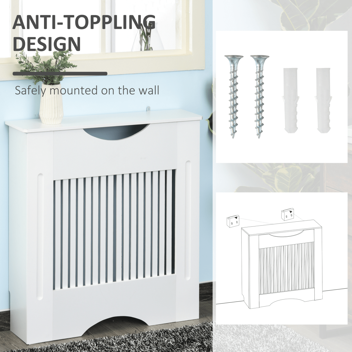 Modern Radiator Cover Heater Cabinet - Slatted Worktop - Painted MDF - White - AKGOmniShop