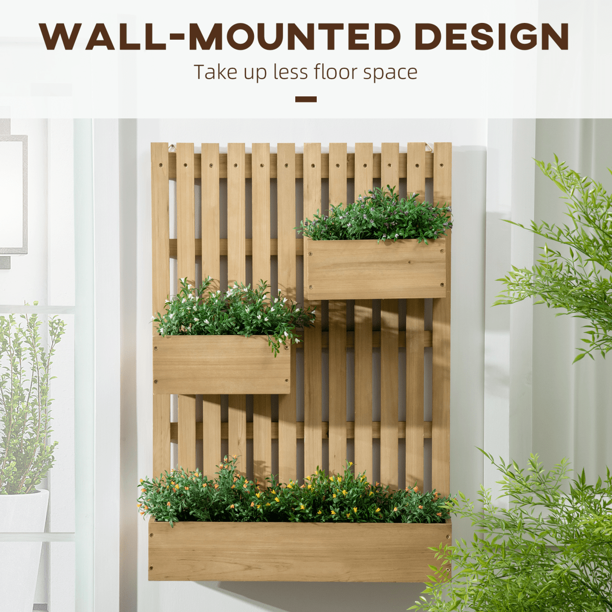 Outsunny Wooden Garden Planters with Trellis Wall - mounted Raised Garden Bed - AKGOmniShop