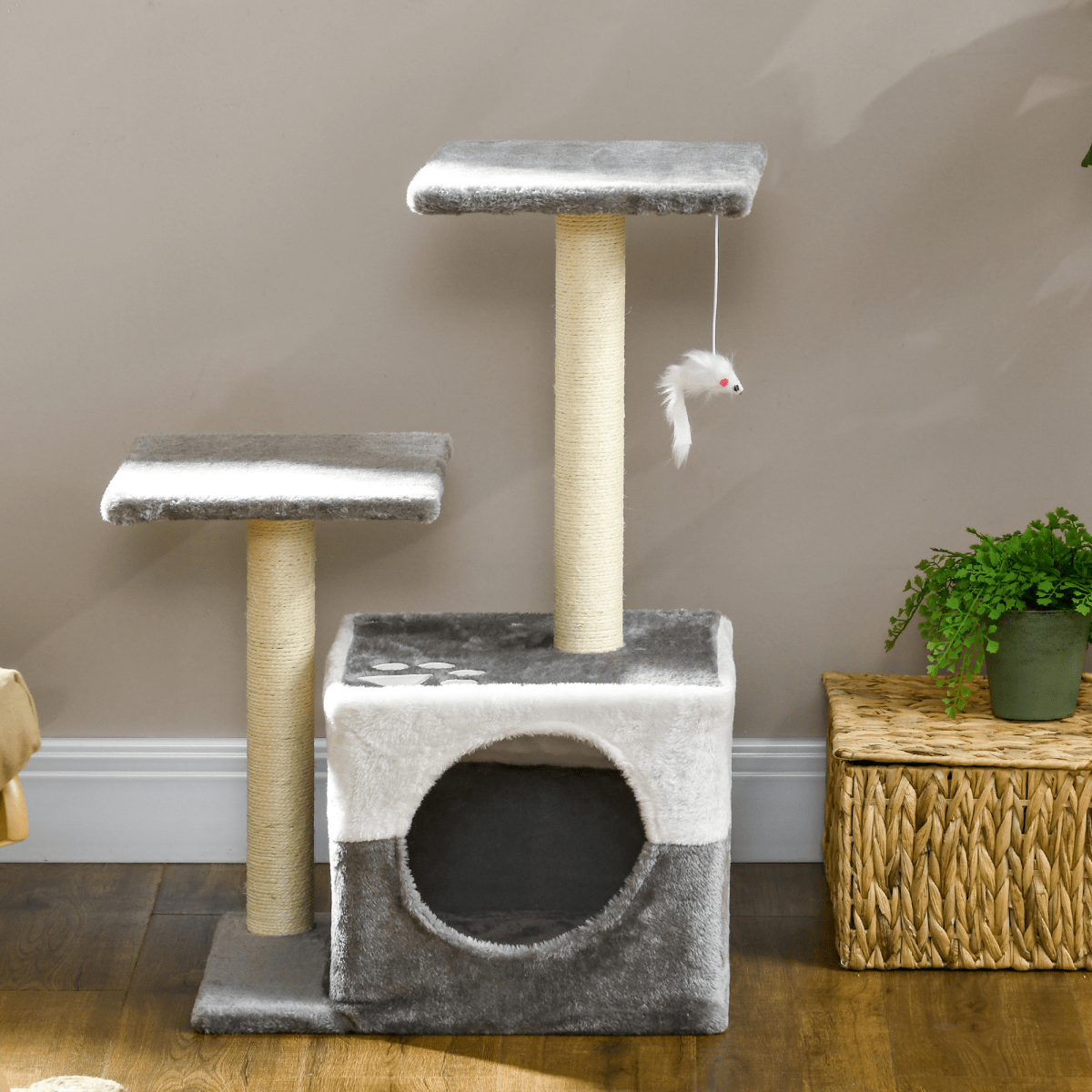 PawHut Cat Tree w/ Sisal Scratching Posts, House, Perches, Toy Mouse - Grey - AKGOmniShop