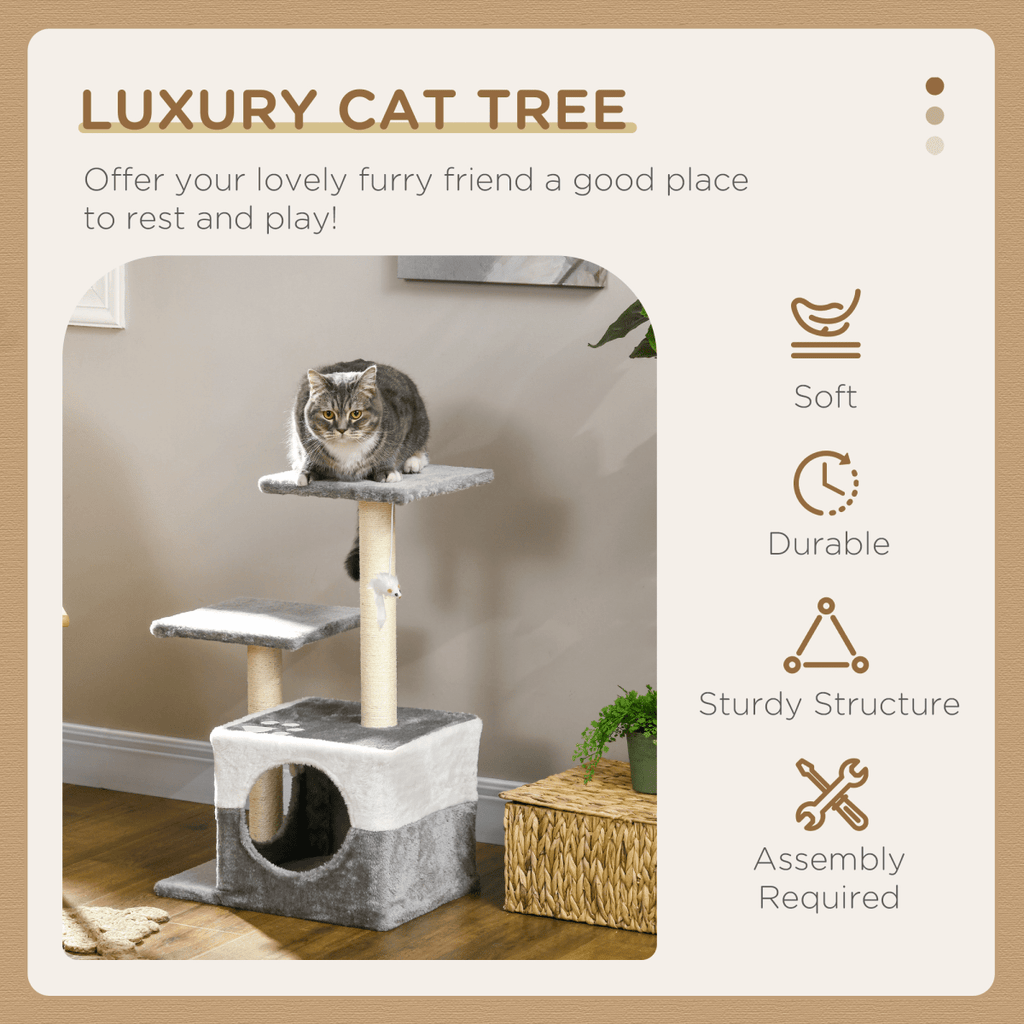 PawHut Cat Tree w/ Sisal Scratching Posts, House, Perches, Toy Mouse - Grey - AKGOmniShop