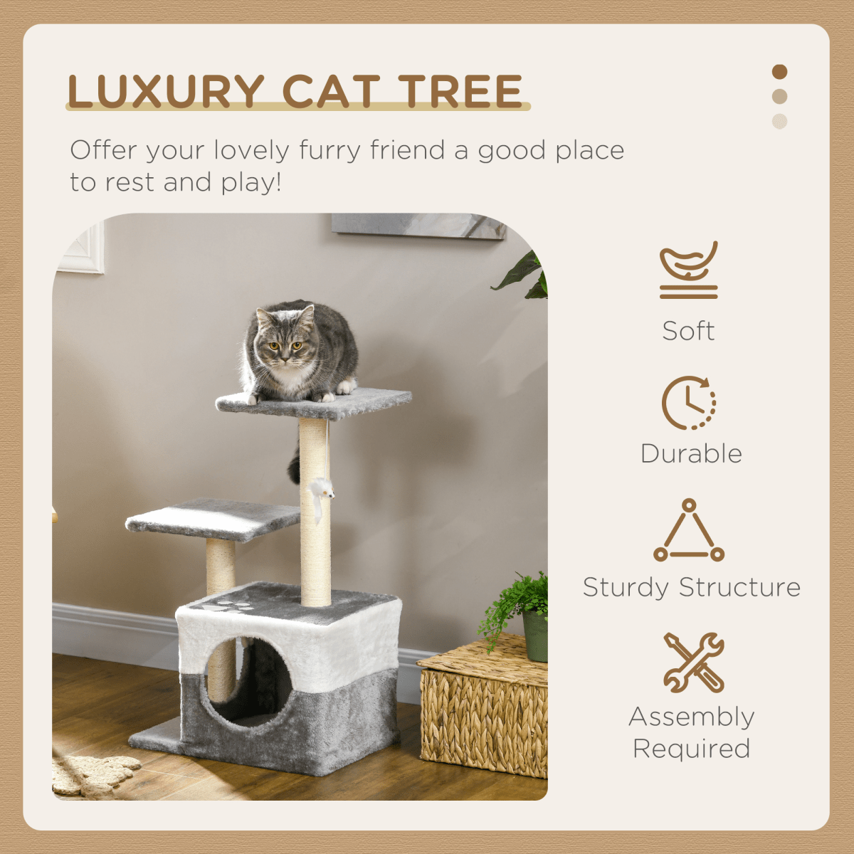 PawHut Cat Tree w/ Sisal Scratching Posts, House, Perches, Toy Mouse - Grey - AKGOmniShop